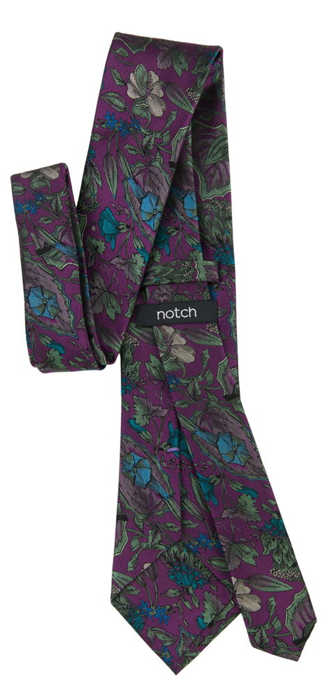 Luxurious dark purple tie in silk with green floral pattern display picture 1