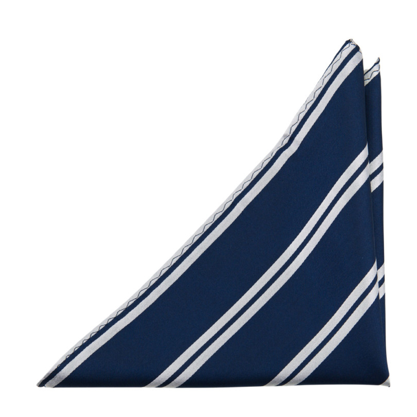 Navy Rounded Square Navy Blue Pocket Square with Silver Stripes